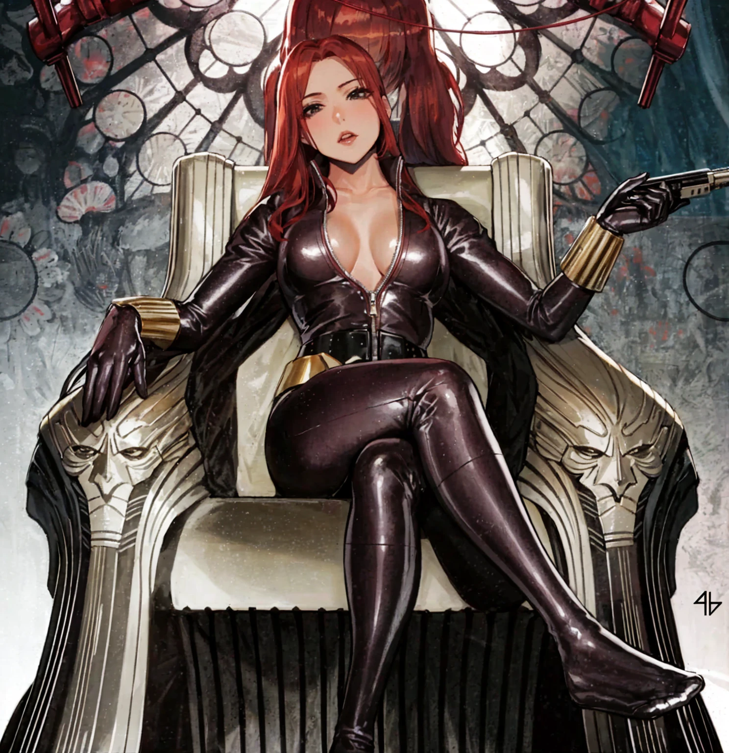 The image depicts a red-haired girl sitting on a throne. She sports a sleek skin-tight shiny black latex bodysuit with a deep-cut zipper neckline revealing a large chest, the silver zipper running down the front. The suit is complemented by her golden wrist guard on both wrists and a belt of shiny golden circles around her waist. The girl is portrayed as holding a gun in each of her hands, highlighting a sense of power and assertiveness. The backdrop consists of architectural features and the colour palette predominantly includes shades of gray.