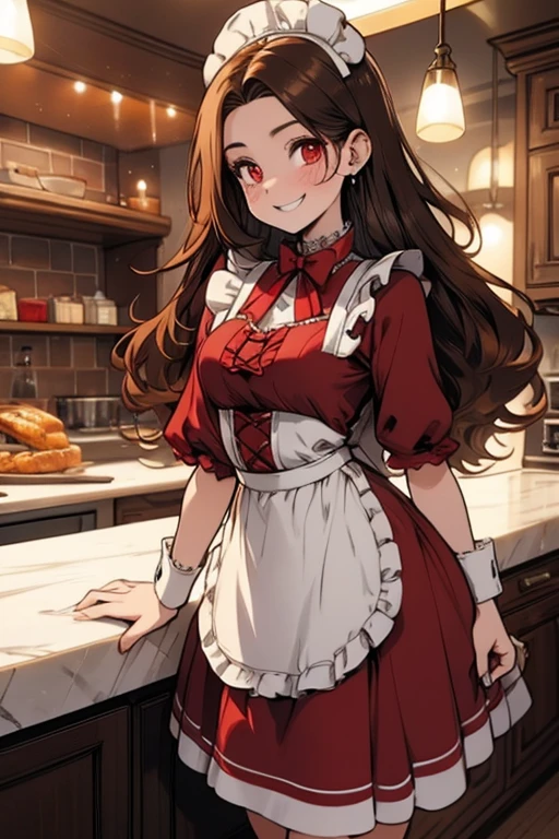 Perfect face. Perfect hands. A brown haired woman with red eyes and an hourglass figure in a Lolita maid dress is smiling on the counter of a fancy kitchen.