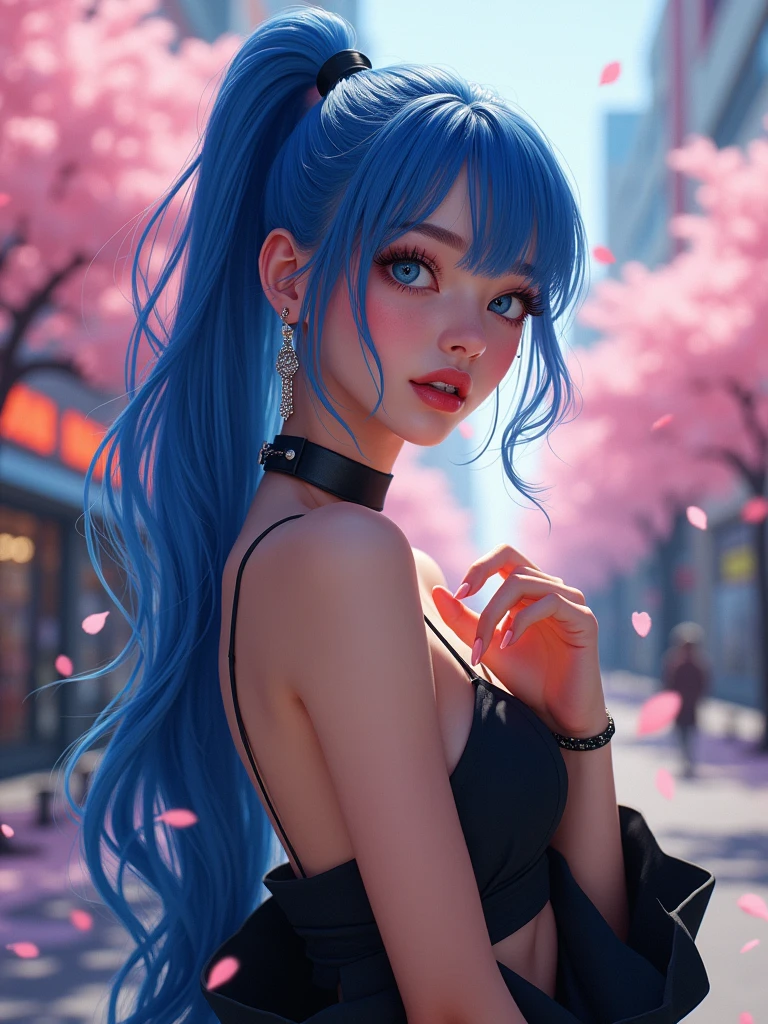 masterpiece, Highest quality, whole body, One girl, bangs, black choker, blush, bracelet, chest, choker, clothes The surrounding area waist, clavicle, Cowboy Shot, ear Earrings, Eyebrows visible through hair, blue Hair, Grin, fix, jewelry, Kogal, Long Hair, View Viewer, Earrings, blue eyes, ring, , smile, alone, street, null, cherry blossoms, petal,figure, (magazine:1.3), (cover-style:1.3), fashionable, woman, Vibrant, Pause, front, colorful, dynamic, background, element, have confidence, Performance, Holding, statement, accessories, Majestic, Coiled, The surrounding area, touch, scene, article, cover, bold, to attract attention, title, stylish, font, Catchy, Heading, big, impressive, Modern, trend, concentrated, fashion,((masterpiece)), Highest quality, Absurd, Super detailed, Holographic, Cowboy Shot, ダイナミックなPause, Golden Ratio, Very cute girl, Mature Girls, Very beautiful, Super beautiful asian girl with super beautiful blue eyes, Very beautiful hair, Shiny skin, High Ponytail, nice and sexy body, Slim and delicate body, Perfect body, Cute Panties, Fox Headset, Get your picture taken in a cute alien spaceship,naked,Big Breasts,Sexy