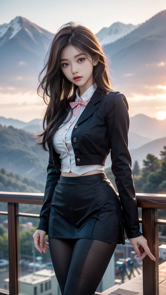 ulzzang-6500-v1.1, (RAW photo: 1.2), (Real photo), (Real photo: 1.4), 1 girl、Perfect anatomy、19 years old、Looking at the camera、Medium length hair、Uniform skirt, watching the sunset, ((in the mountains: 1.1))、(Hyperrealistic tights: 1.2), (Business service)、Asian eyes Ella,