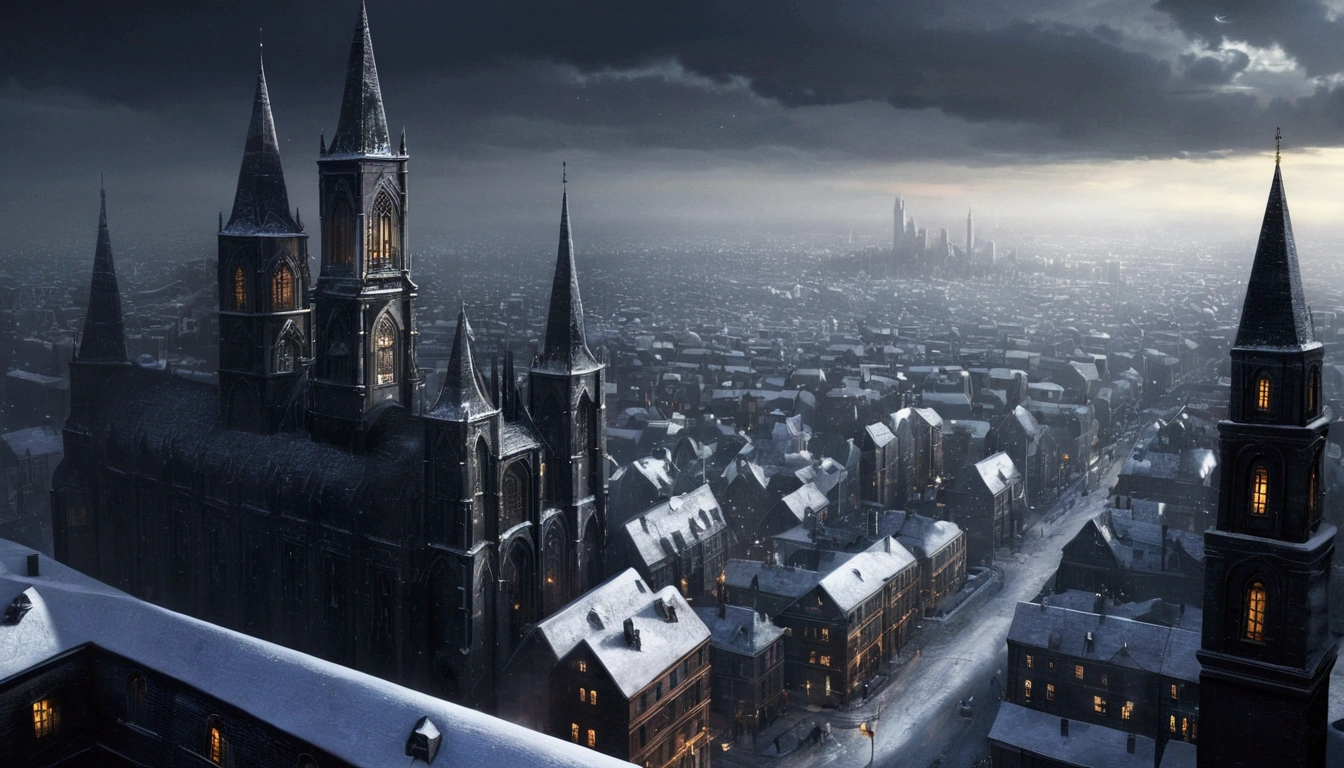 ((Best quality)), ((masterpiece)), (detailed), Заснеженный city, dark fantasy, Dark atmosphere, Gothic, Gothic style, city, большой city, metropolis, snow, snowопад.