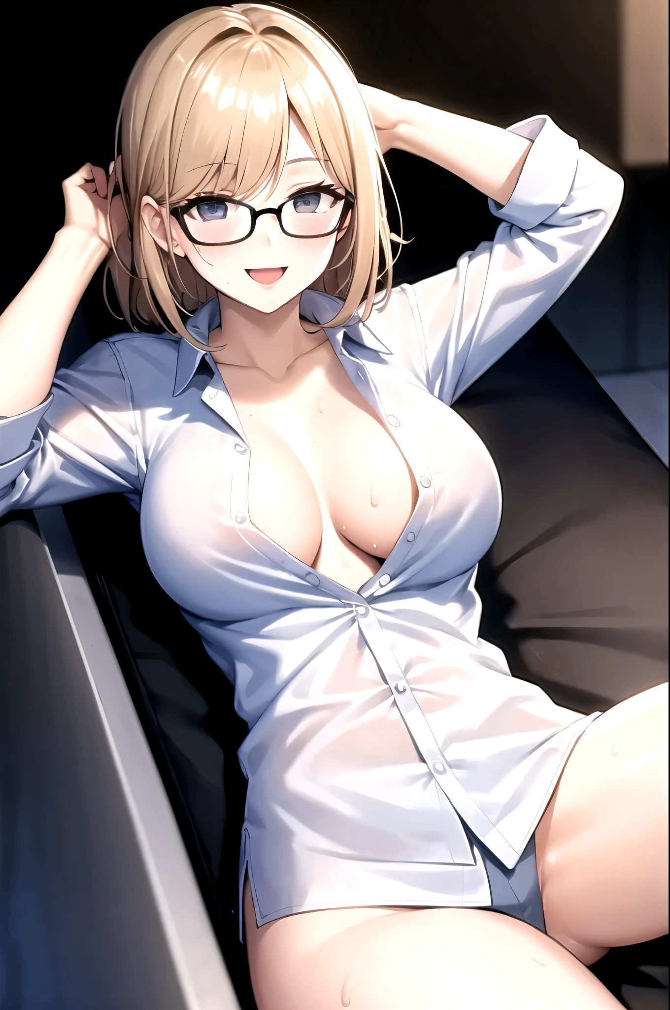 One Mature Woman,Naked shirt,Ecstatic smile,Lying down,Put your hands behind your head,Spread your legs,Covered in sweat,Glasses,