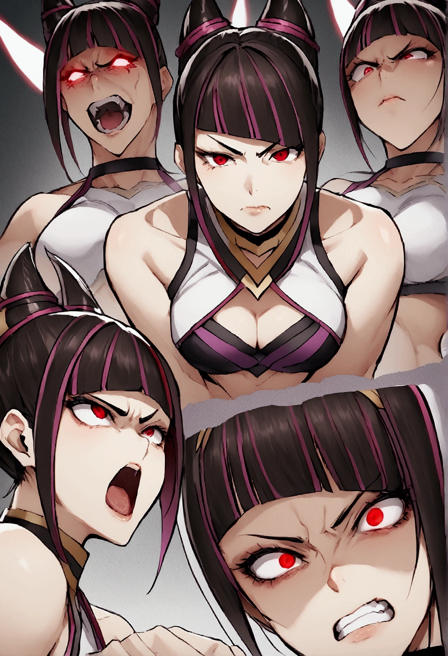 juri han,low angle shot，looking from bottom to top，Crotch Emphasis。Disdainful eyes and angry expressions (A female athlete，Wear a white sports bra，Kneel on the bed，）。horn hair,red eyes glowing,bangs on the eyes,labiaa,evil smile
