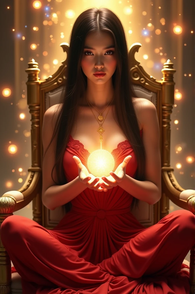 The incredible brunette beauty has a pretty slender figure. She has long straight black hair and large lilac eyes, her face is worked out to the smallest detail, the whole face is completely, the girl is dressed in an elegant, luxurious red dress that emphasizes her charms. The girl sits cross-legged on a golden throne and radiates extraordinary charm and beauty. In her hands she holds an energy ball, from which sparkling light emanates between her fingers. Colorful energy balls hover in the air behind her, reflecting her power and control over the supernatural realms. The girl looks like a brilliant sultana with indescribable abilities. She can manipulate time and space, control energy and reality with amazing grace. This image reflects his strength and superb elegance, as well as a stunning radiance that attracts and dazzles everyone who looks at him from below. Open cleavage, medium chest, excellent quality, lots of details, Puri focus Sharp and realistic.