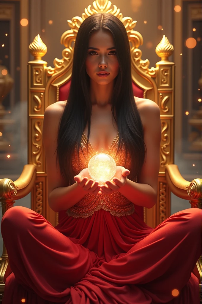 The incredible brunette beauty has a pretty slender figure. She has long straight black hair and large lilac eyes, her face is worked out to the smallest detail, the whole face is completely, the girl is dressed in an elegant, luxurious red dress that emphasizes her charms. The girl sits cross-legged on a golden throne and radiates extraordinary charm and beauty. In her hands she holds an energy ball, from which sparkling light emanates between her fingers. Colorful energy balls hover in the air behind her, reflecting her power and control over the supernatural realms. The girl looks like a brilliant sultana with indescribable abilities. She can manipulate time and space, control energy and reality with amazing grace. This image reflects his strength and superb elegance, as well as a stunning radiance that attracts and dazzles everyone who looks at him from below. Open cleavage, medium chest, excellent quality, lots of details, Puri focus Sharp and realistic.