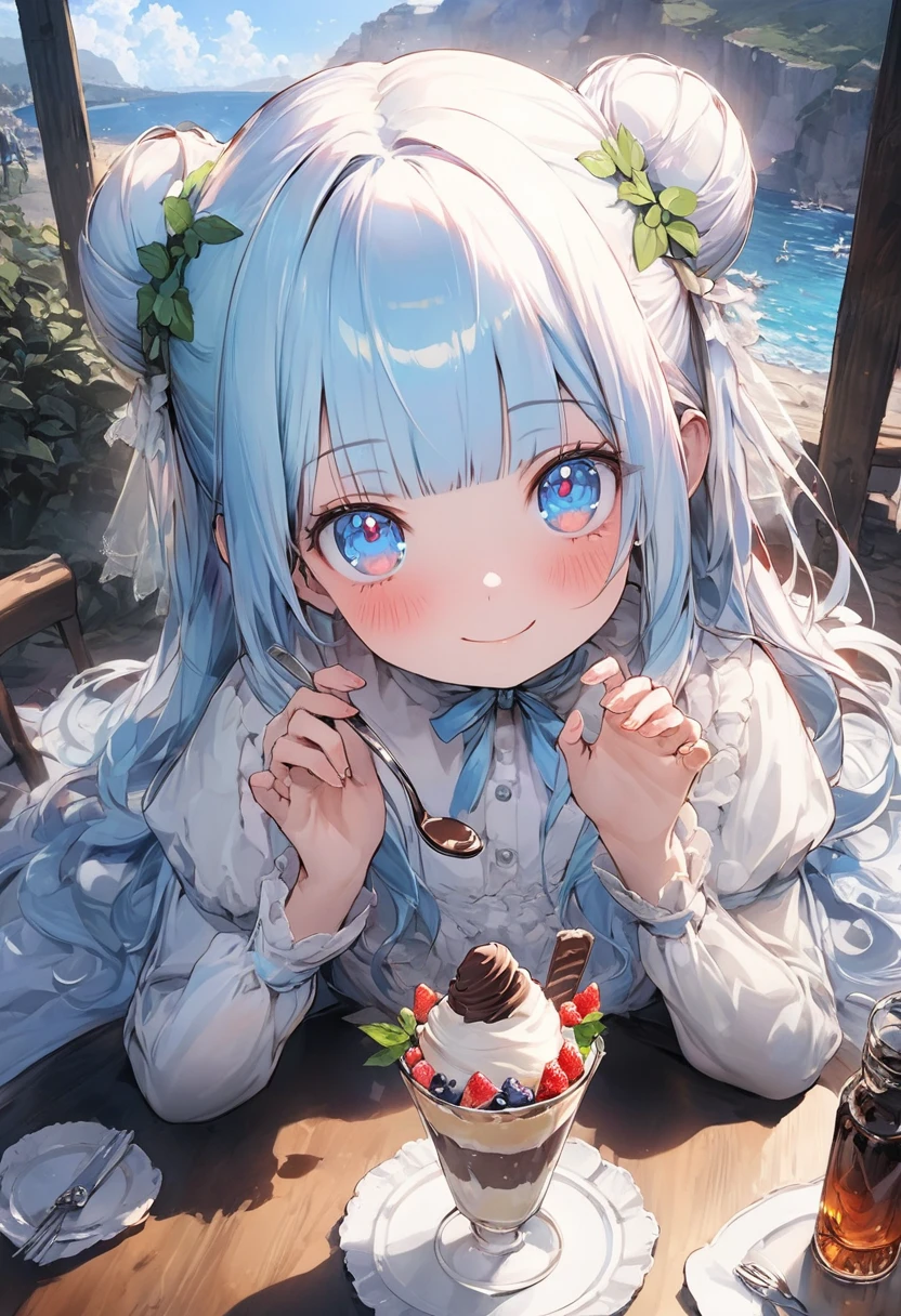 masterpiece, best quality, extremely detailed, (illustration, official art:1.1), 1 girl ,(((( light blue long hair)))), ,(((( light blue long hair)))),light blue hair, , long hair ((blush)) , cute face, big eyes, masterpiece, best quality,(((((a very delicate and beautiful girl))))),Amazing,beautiful detailed eyes,blunt bangs((((little delicate girl)))),tareme(true beautiful:1.2), sense of depth,dynamic angle,,,, affectionate smile, (true beautiful:1.2),,(tiny 1girl model:1.2),)(flat chest), 1 girl,solo,amazing quality, aesthetic, aesthetic,ultra-detailed face,detailed eyes,,blunt bangs,Mint leaves hair accessory,double bun,(summer scene,victorian:1.2),brown Decoration,holding a spoon,Looking at viewer,happy,one Chocolate mint parfait on the table,Sitting,French Restaurant,rim light,masterpiece,8K,top quality, highly detailed illustration
