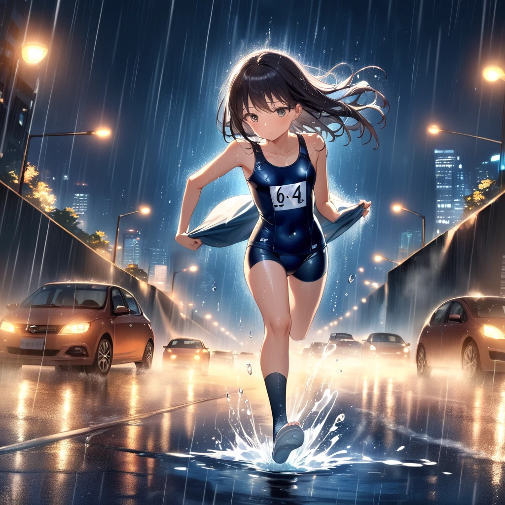 dynamic angle, ultra detailed cute moe anime, In the night city, under the dim glow of streetlights, a torrential downpour is falling heavily. Puddles form, and the roads flow like rivers. Amidst this, a girl in a (school swimsuit:1.3) is sprinting with all their might. The rain hits her skin, enveloping her in a cold embrace. Her hair is soaked, and water droplets stream down her face. The lights from surrounding buildings and cars reflect off the rain.