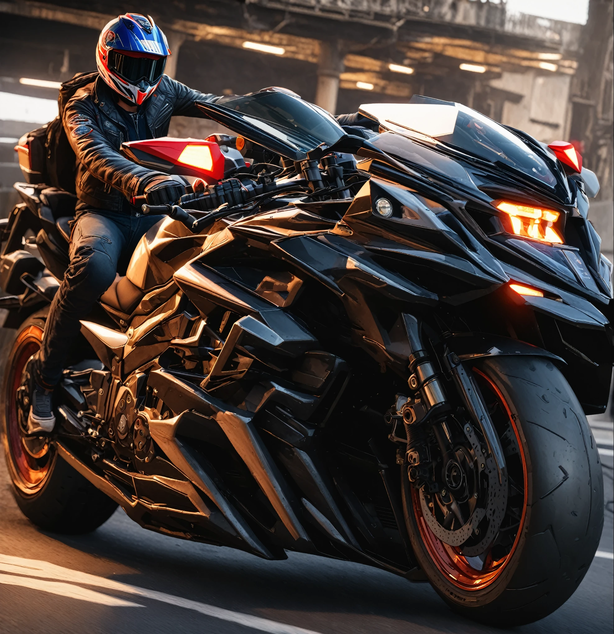 arafed motorcycle rider in a black leather jacket and helmet riding a motorcycle, riding a futuristic motorcycle, 坐在赛博朋克motorcycle上, daniel maidman octane rendering, photo realistic octane render, motorcycle, futuristic motorcycle, Octane rendering - N6, Realistically detailed octane rendering, Portraits, final octane render, 8k Octane comprehensive rendering, 8k Octane Rendering, 8 k octane render