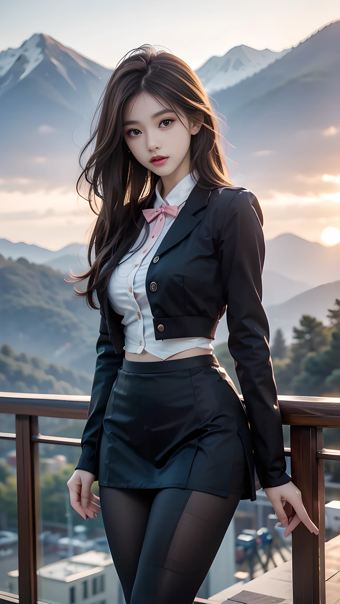 ulzzang-6500-v1.1, (RAW photo: 1.2), (Real photo), (Real photo: 1.4), 1 girl、Perfect anatomy、19 years old、Looking at the camera、Medium length hair、Uniform skirt, watching the sunset, ((in the mountains: 1.1))、(Hyperrealistic tights: 1.2), (Business service)、Asian eyes Ella,