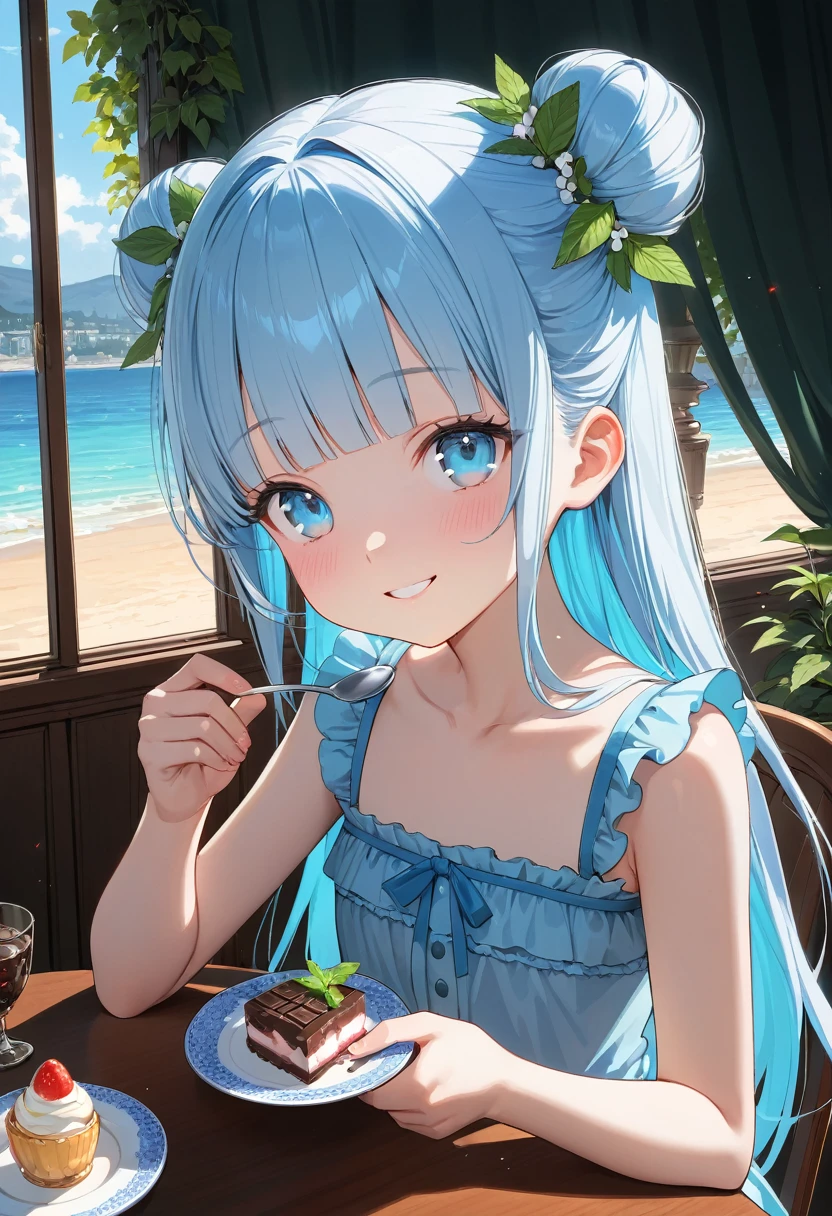 masterpiece, best quality, extremely detailed, (illustration, official art:1.1), 1 girl ,(((( light blue long hair)))), ,(((( light blue long hair)))),light blue hair, , long hair ((blush)) , cute face, big eyes, masterpiece, best quality,(((((a very delicate and beautiful girl))))),Amazing,beautiful detailed eyes,blunt bangs((((little delicate girl)))),tareme(true beautiful:1.2), sense of depth,dynamic angle,,,, affectionate smile, (true beautiful:1.2),,(tiny 1girl model:1.2),)(flat chest), 1 girl,solo,amazing quality, aesthetic, aesthetic,ultra-detailed face,detailed eyes,,blunt bangs,Mint leaves hair accessory,double bun,(summer scene,victorian:1.2),brown Decoration,holding a spoon,Looking at viewer,happy,one Chocolate mint parfait on the table,Sitting,French Restaurant,rim light,masterpiece,8K,top quality, highly detailed illustration