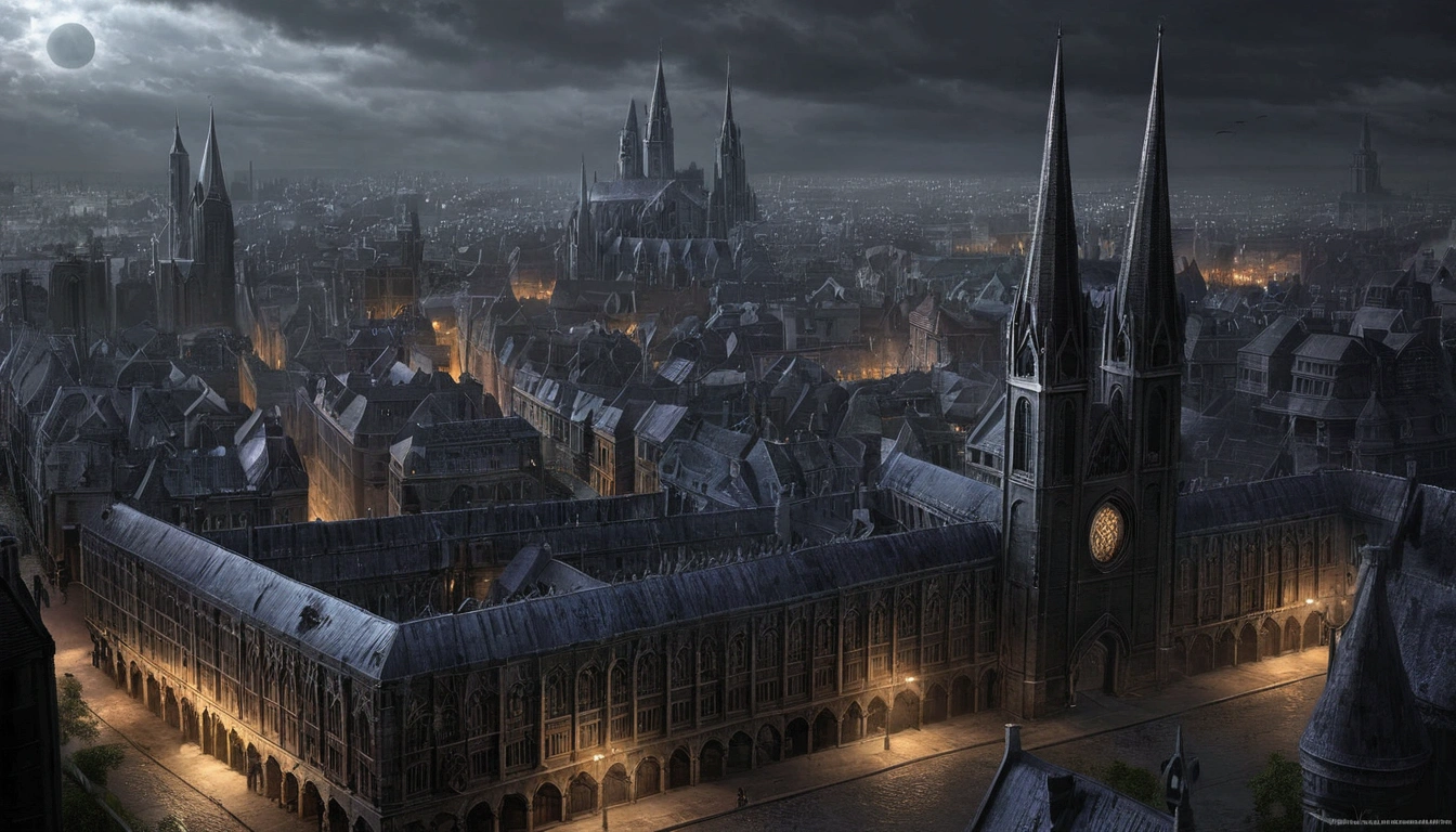 ((Best quality)), ((masterpiece)), (detailed), Заснеженный city, dark fantasy, Dark atmosphere, Gothic, Gothic style, city, большой city, metropolis, walls