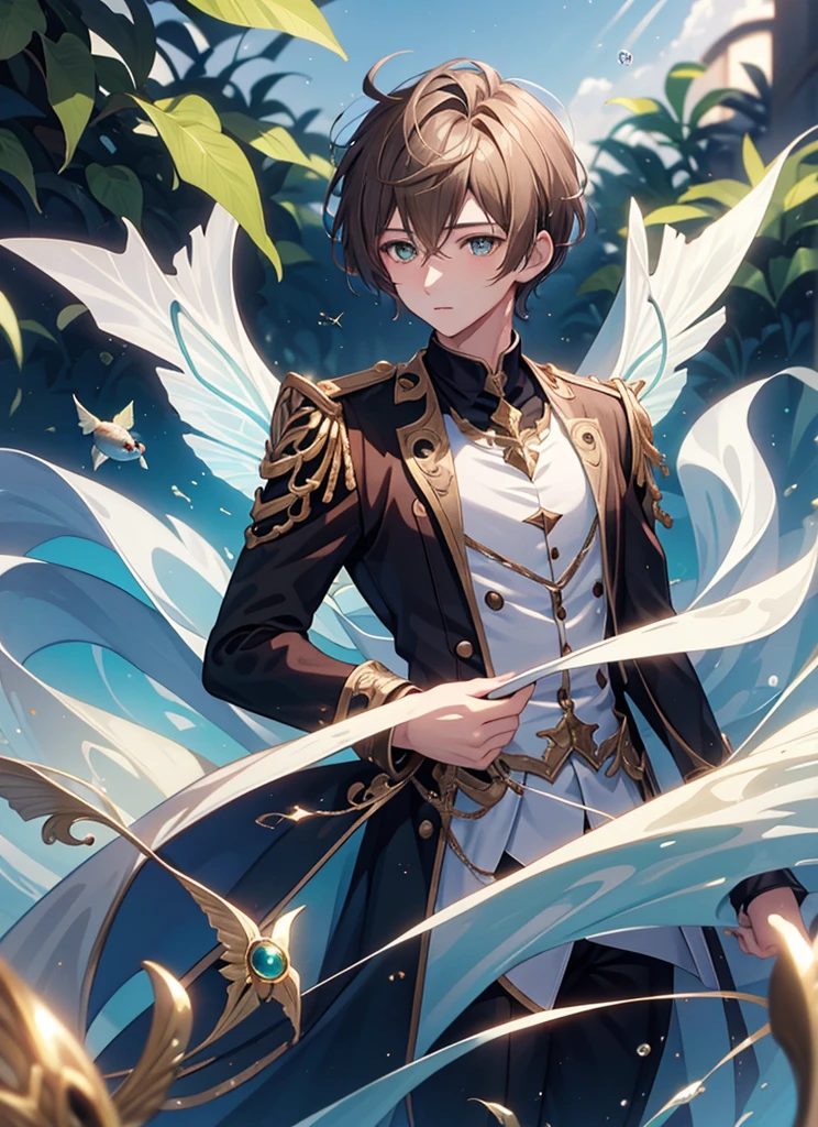 18 year old man dark blonde hair, comely, greeneyes, beautiful fairy wings, flying over the water, comely, controlling water, with fish around, comely, 4K, full hd