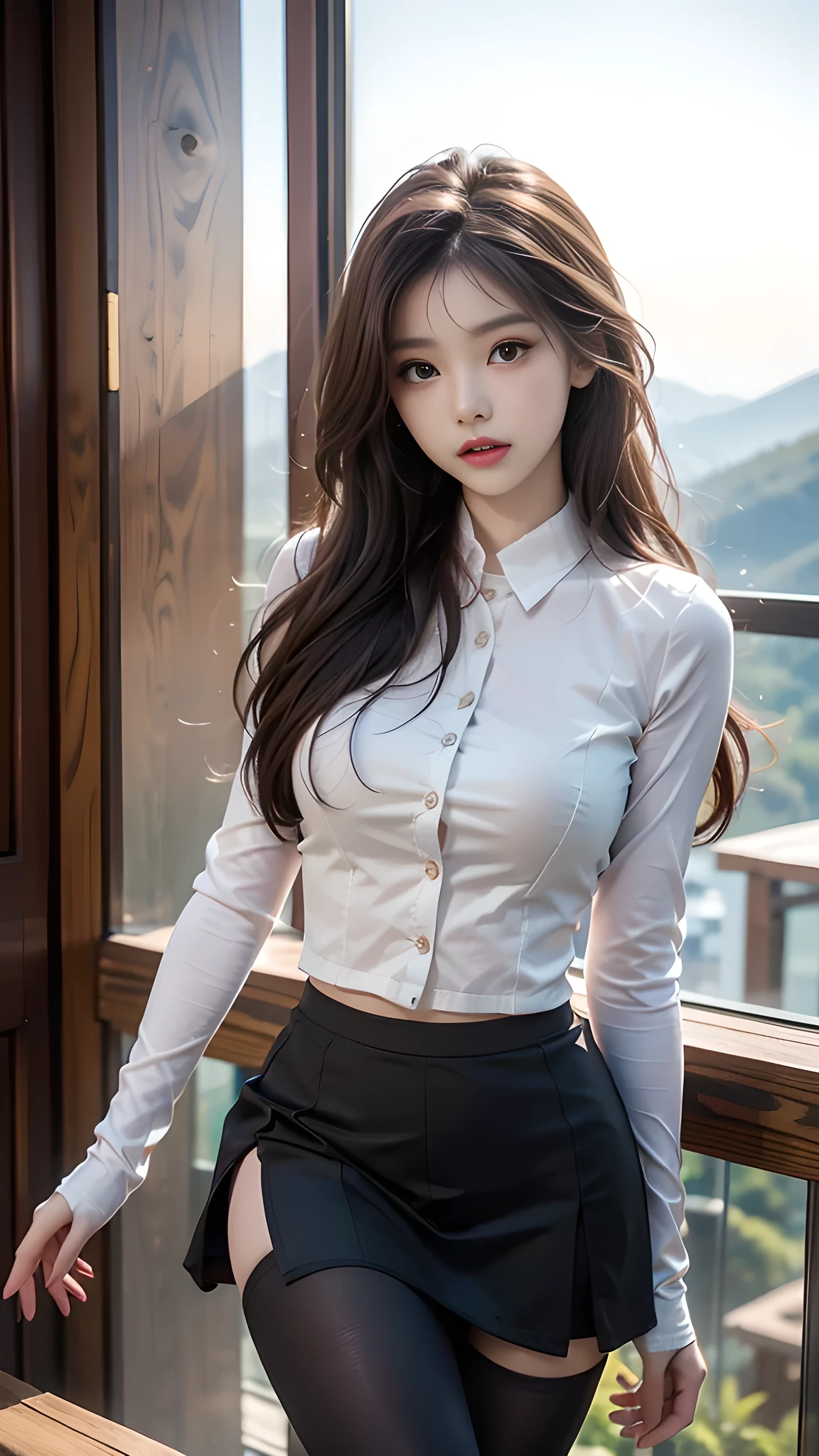 ulzzang-6500-v1.1, (RAW photo: 1.2), (Real photo), (Real photo: 1.4), 1 girl、Perfect anatomy、19 years old、Looking at the camera、Medium length hair、Uniform skirt, watching the sunset, ((in the mountains: 1.1))、(Hyperrealistic tights: 1.2), (Business service)、Asian eyes Ella,