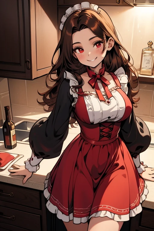 Perfect face. Perfect hands. A brown haired woman with red eyes and an hourglass figure in a Lolita maid dress is smiling on the counter of a fancy kitchen.