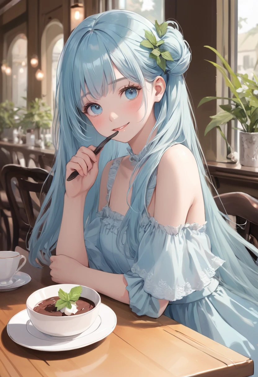 masterpiece, best quality, extremely detailed, (illustration, official art:1.1), 1 girl ,(((( light blue long hair)))), ,(((( light blue long hair)))),light blue hair, , long hair ((blush)) , cute face, big eyes, masterpiece, best quality,(((((a very delicate and beautiful girl))))),Amazing,beautiful detailed eyes,blunt bangs((((little delicate girl)))),tareme(true beautiful:1.2), sense of depth,dynamic angle,,,, affectionate smile, (true beautiful:1.2),,(tiny 1girl model:1.2),)(flat chest), 1 girl,solo,amazing quality, aesthetic, aesthetic,ultra-detailed face,detailed eyes,,blunt bangs,Mint leaves hair accessory,double bun,(summer scene,victorian:1.2),brown Decoration,holding a spoon,Looking at viewer,happy,one Chocolate mint parfait on the table,Sitting,French Restaurant,rim light,masterpiece,8K,top quality, highly detailed illustration