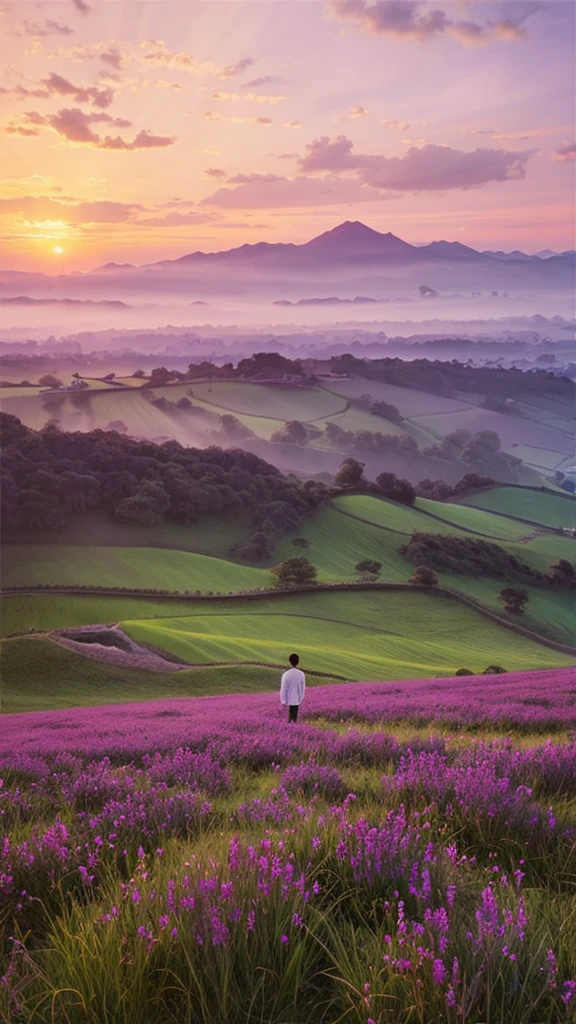 Highest quality、Landscape painting、Standing alone in the vast grassland、Morning Glow、Light purple sky、dawn、People look small
