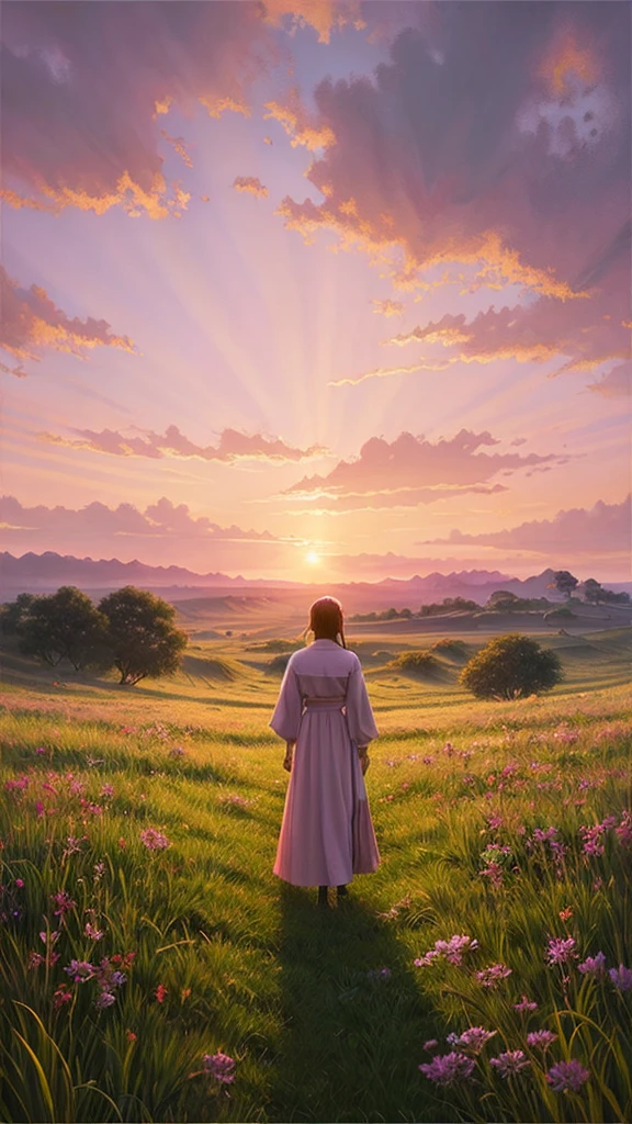 Highest quality、Landscape painting、Standing alone in the vast grassland、Morning Glow、Light purple sky、dawn、People look small