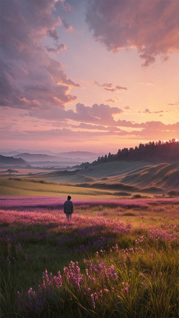 Highest quality、Landscape painting、Standing alone in the vast grassland、Morning Glow、Light purple sky、dawn、People look small