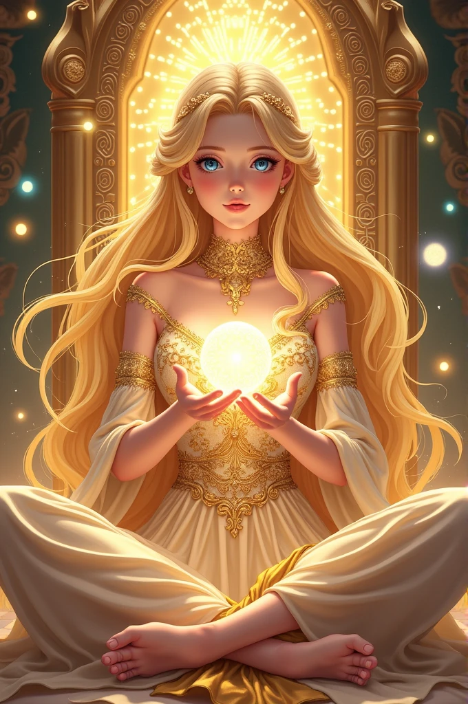 The incredible beauty golden-haired blonde has a pretty slender figure. She has long golden hair and large bright blue eyes, her face is worked out to the smallest detail, the whole face is completely, the girl is dressed in an elegant, luxurious dress embroidered with gold, which emphasizes her charms. The girl sits cross-legged on a golden throne and radiates extraordinary charm and beauty. In her hands she holds an energy ball, from which sparkling light emanates between her fingers. Colorful energy balls hover in the air behind her, reflecting her power and control over the supernatural realms. The girl looks like a brilliant sultana with indescribable abilities. She can manipulate time and space, control energy and reality with amazing grace. This image reflects his strength and superb elegance, as well as a stunning radiance that attracts and dazzles everyone who looks at him from below. Open cleavage, medium chest, excellent quality, lots of details, Puri focus Sharp and realistic. anime-style