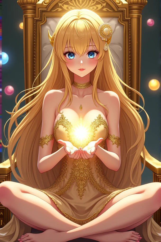 The incredible beauty golden-haired blonde has a pretty slender figure. She has long golden hair and large bright blue eyes, her face is worked out to the smallest detail, the whole face is completely, the girl is dressed in an elegant, luxurious dress embroidered with gold, which emphasizes her charms. The girl sits cross-legged on a golden throne and radiates extraordinary charm and beauty. In her hands she holds an energy ball, from which sparkling light emanates between her fingers. Colorful energy balls hover in the air behind her, reflecting her power and control over the supernatural realms. The girl looks like a brilliant sultana with indescribable abilities. She can manipulate time and space, control energy and reality with amazing grace. This image reflects his strength and superb elegance, as well as a stunning radiance that attracts and dazzles everyone who looks at him from below. Open cleavage, medium chest, excellent quality, lots of details, Puri focus Sharp and realistic. anime-style