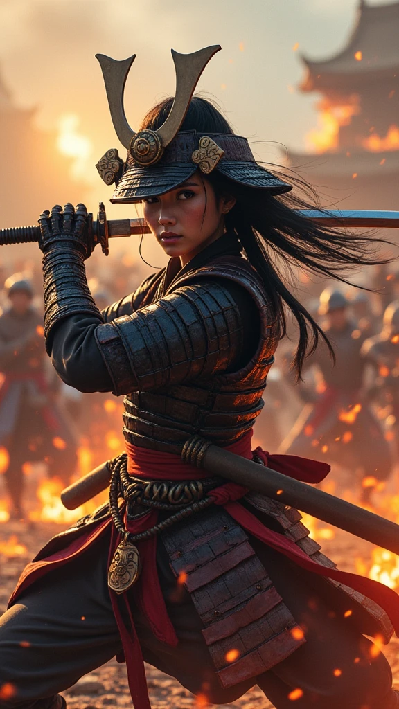 Japan Female Samurai、Female warriors of the Sengoku period、Wearing a helmet、Scene of fierce fighting、There are many people fighting around、Flames are rising all around、Sense of presence。Real、Genuine、25age、Black Hair