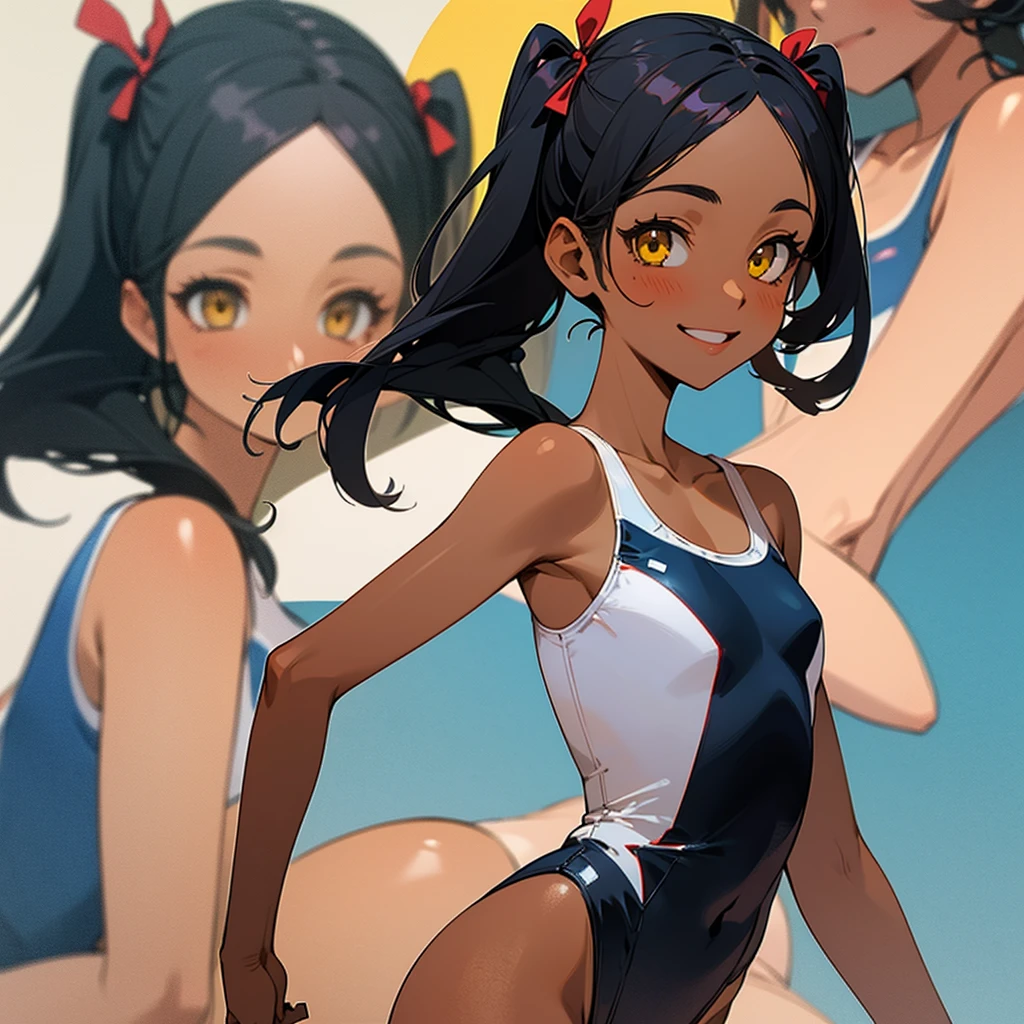 ((best quality)), ((masterpiece)), (detailed), perfect face 1girl, alone, long hair, smiling, black hair, ribbon, pigtails, swimsuit, hair ribbon, yellow eyes, dark skin, flat chest, double sided up, one-piece swimsuit, school swimsuit, tan, white one-piece swimsuit, zoom layers