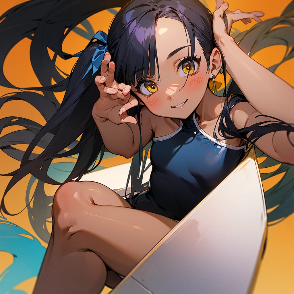 ((best quality)), ((masterpiece)), (detailed), perfect face 1girl, alone, long hair, smiling, black hair, ribbon, pigtails, swimsuit, hair ribbon, yellow eyes, dark skin, flat chest, double sided up, one-piece swimsuit, school swimsuit, tan, white one-piece swimsuit, zoom layers