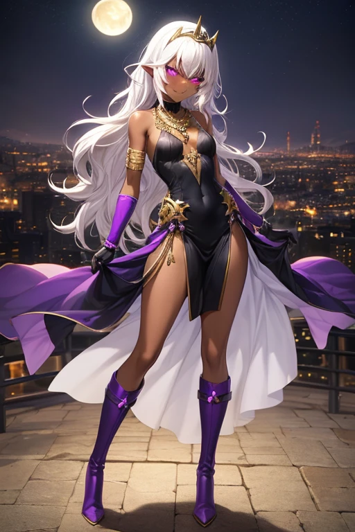 ((best quality)), ((masterpiece)), (detailed), 1 girl, full body, 20s, very dark skin, dark elf, african american, flirty face, young adult, evil smile, purple eyes, moons in eyes, black sclera, white hair, somewhat wavy hair, long hair, bangs, blushing, medium breasts, tall, small braid, gold necklace, black tiara, purple and white witch dress, bare arms, cloth on arms, purple boots, fan, golden wristbands, purple gloves, city background, magic, anime