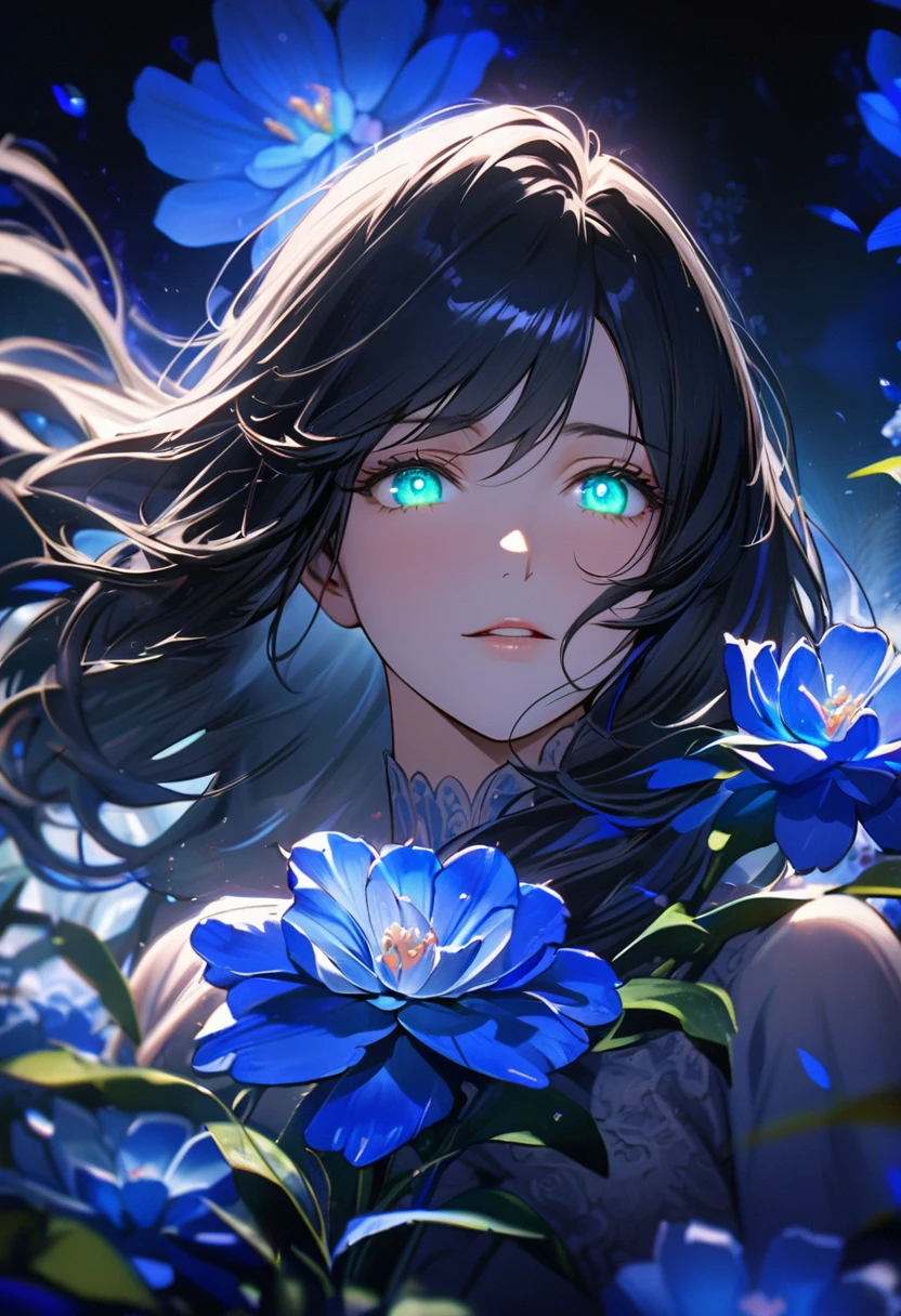 Female, long hair, black hair, green eyes, blue aura, mature, adult, blue flower, The romantic scenery, glowing eyes, blue flower, Flower lapis, pure, macro picture, beautiful eyes, gentle, main face, front face