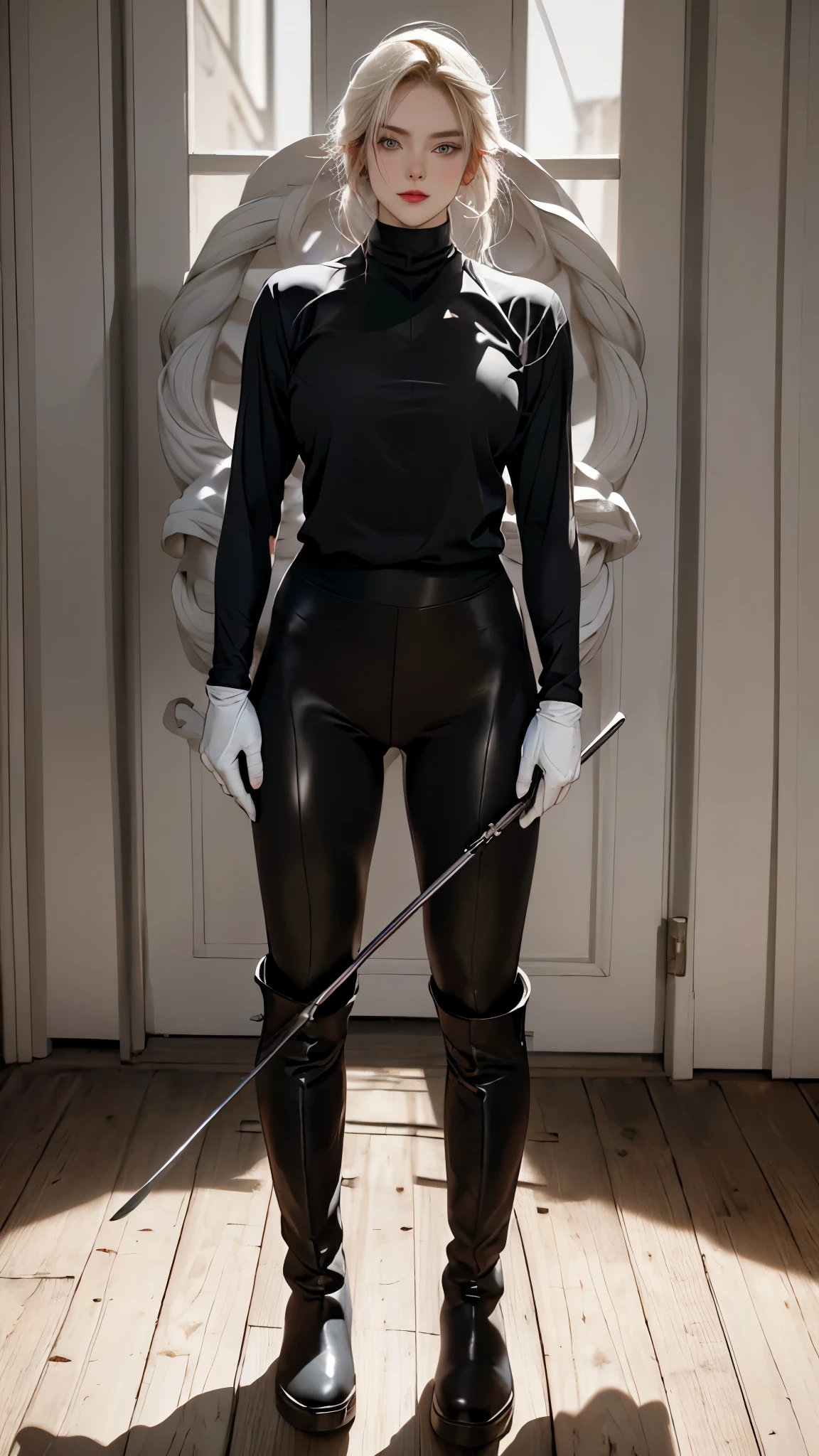 (highest resolution, distinct_image) best quality, a woman, solo, masterpiece, highly detailed, semi realistic, blonde medium hair, bangs, 18 years old, mature, young, tall strong, uniform, military uniform( large indoor background), cold, serious, tall, handsome, autocratic, powerful, exquisite facial features, exquisite facial features, (full body)(black knee-high boots:1.4)(dominatrix:0.3)(white Yoga pants:1.3),(gloves:1.5)(long sleeves),(active sportswear shirt),solo,1girl,(looking at viewer),(from below:0.9)(head turned upwards:0.3)(smiling:0.4)(bodysuit:0.3)(holding riding crop:1.2)(muscular:0.8)(shirt tucket in pants)(parquet flooring)(standing on floor)(pretty eyes)(staring)(yandere), pink eyes, white hair, superior smirk, smiling, devious, anime look, detailed drawing, manga, illustration , bright eyes, distinct pink iris, commanding, superior, tsumire eyes, pretty face
