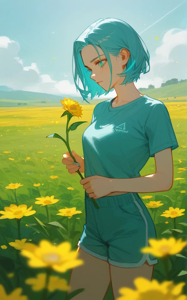 She stands in a desolate field, holding a small flower, with the setting sun in the background. Her expression should reflect sadness and hope, capturing the complexity of her character. The combination of her cyan shirt and cyan shorts, along with her long, straight hair with cyan highlights, adds a touch of color and sensuality to the scene. The image should convey Lina’s vulnerability and strength