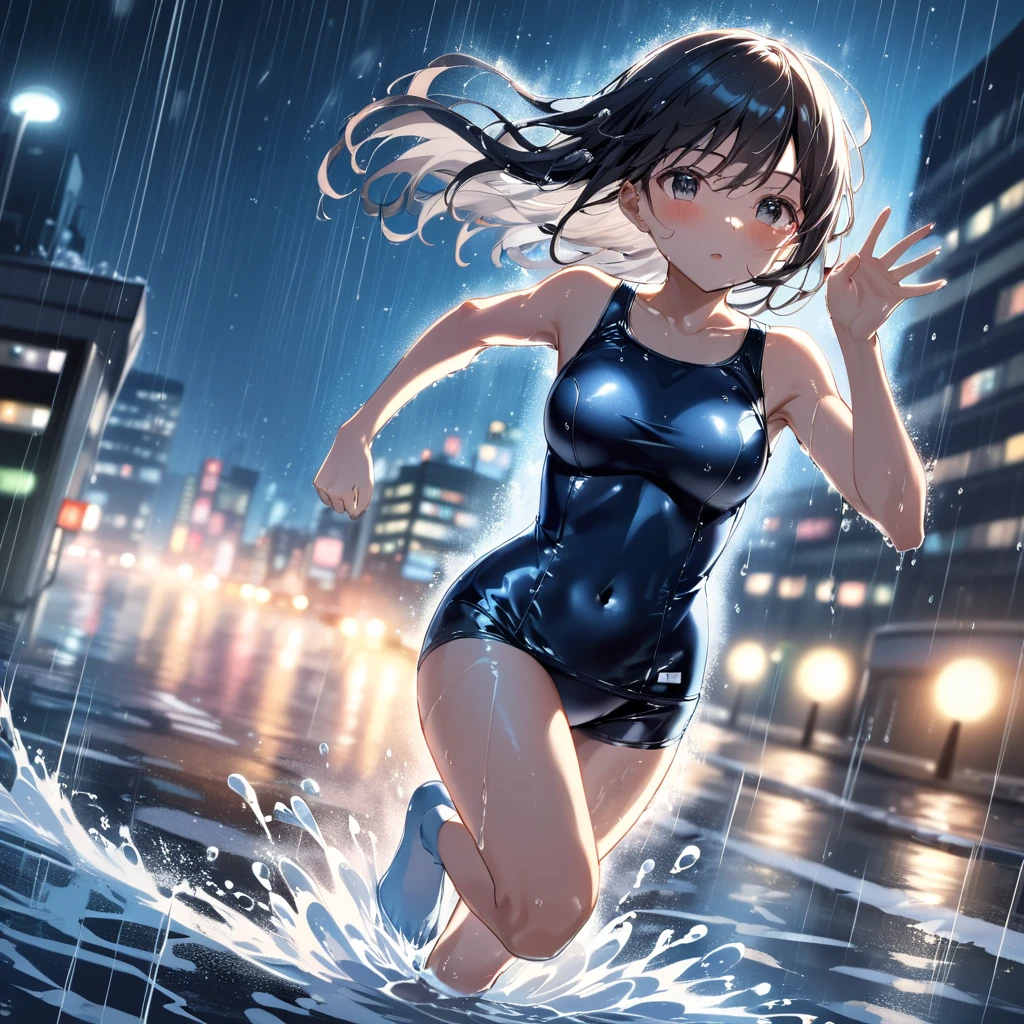 dynamic angle, ultra detailed cute moe anime, In the night city, under the dim glow of streetlights, a torrential downpour is falling heavily. Puddles form, and the roads flow like rivers. Amidst this, a girl in a (school swimsuit:1.3) is sprinting with all their might. The rain hits her skin, enveloping her in a cold embrace. Her hair is soaked, and water droplets stream down her face. The lights from surrounding buildings and cars reflect off the rain.