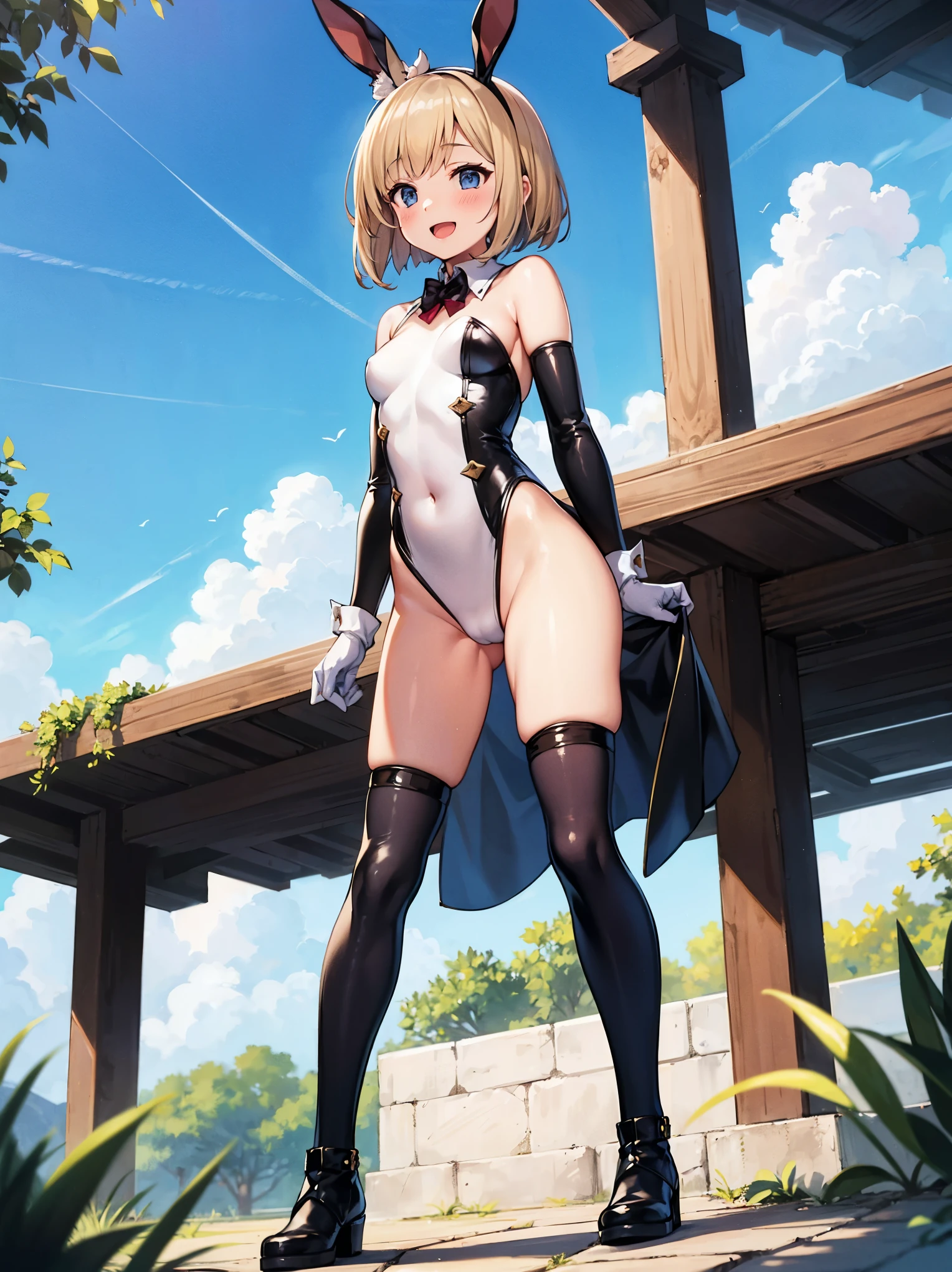 GRANBLUEfantasy,***ung_teen_ girl,brown_hair,medium_bob_hair,platina_blond_hair,white_leotard,covered_crotch,thigh-highs,smile,standing,bluesky_landscape_background,slightly_spread_legs,happiness, short_gloves ,solo, r18, navel,relicbuster,short,boots,open_mouth,sitting,knees,blush,shy,bunny_ears,piledriver,(crotch:1.3)