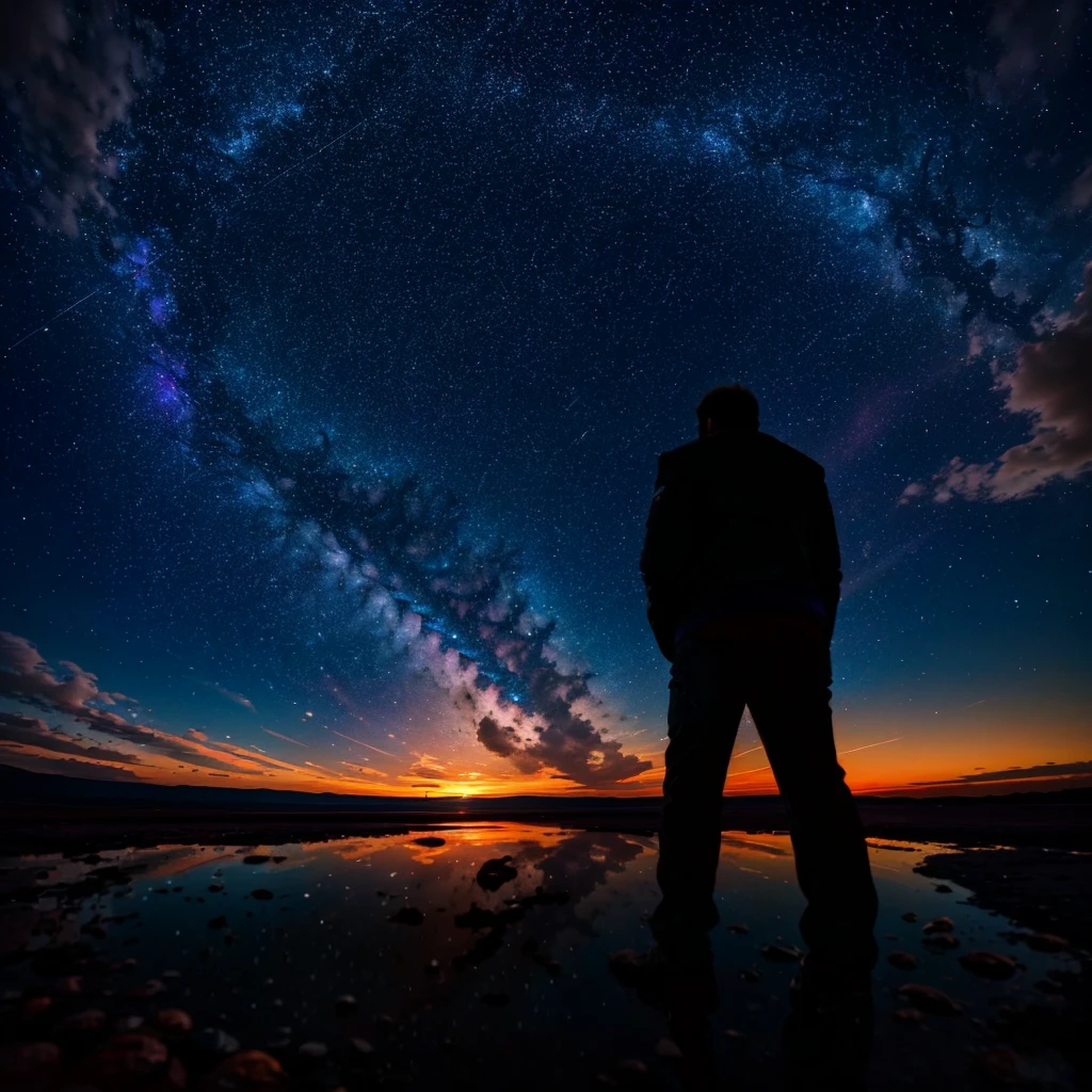 A man stands in the center of the frame, looking up at the sky. The sky is split in two, with a brilliant blue-violet lunar glow on the left and a fiery red sunset on the right. The two colors blend into a gradient in the center. The man is silhouetted against the colors, his face obscured. There are stars in the sky on the left, but none on the right. The sunset light is blazing across the sky on the right, while the moon's glow casts a dark, cool light on the left. The image is a reflection of the sky in a puddle of water, perhaps. The setting sun is not visible, but its light is strong and colorful, filling the sky.