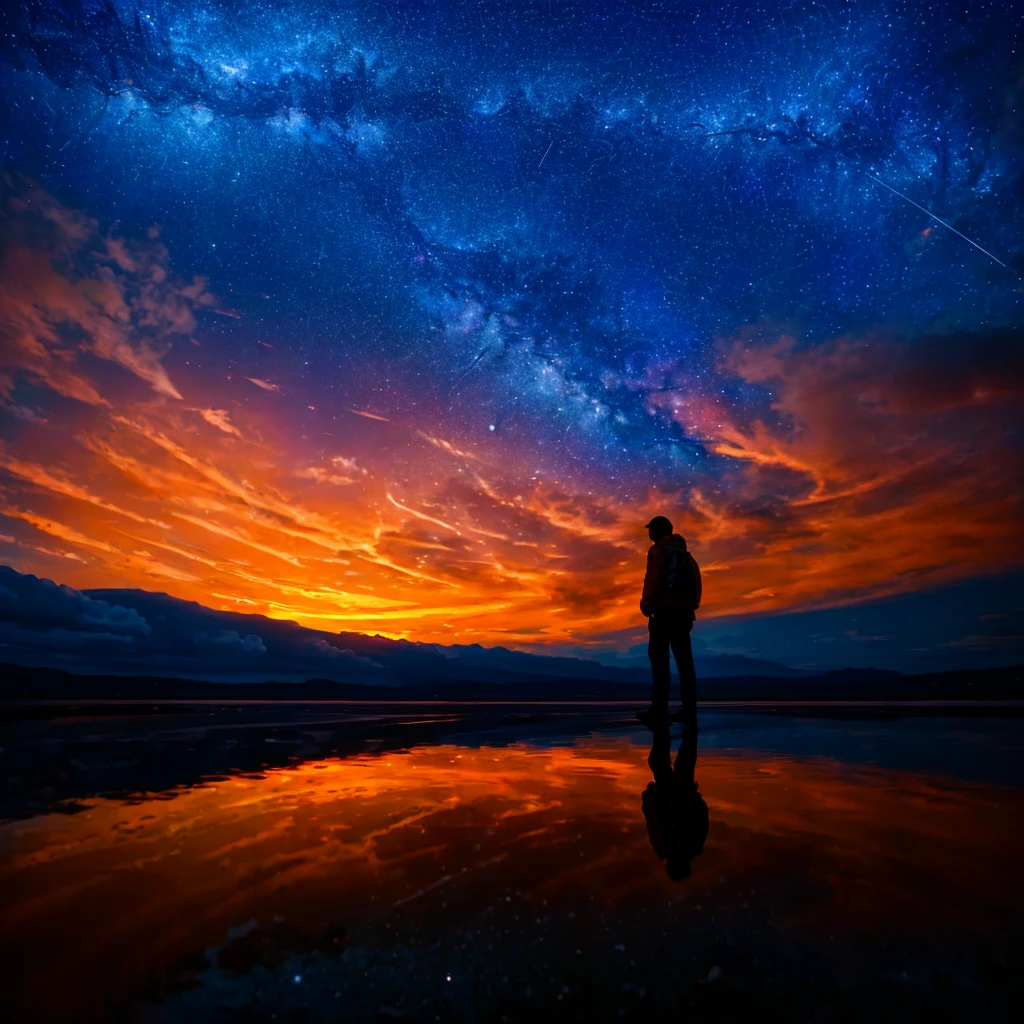 A man stands in the center of the frame, looking up at the sky. The sky is split in two, with a brilliant blue-violet lunar glow on the left and a fiery red sunset on the right. The two colors blend into a gradient in the center. The man is silhouetted against the colors, his face obscured. There are stars in the sky on the left, but none on the right. The sunset light is blazing across the sky on the right, while the moon's glow casts a dark, cool light on the left. The image is a reflection of the sky in a puddle of water, perhaps. The setting sun is not visible, but its light is strong and colorful, filling the sky.