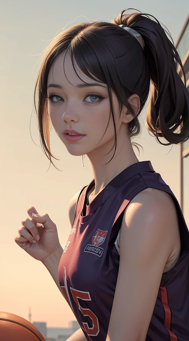 (masterpiece,highest quality,超A high resolution),japanese woman, (((Very beautiful 25 year old girl))), pretty girl、look at the photographer、 ((beautiful low ponytail)), super cute face, glossy lips, double eyelids in both eyes,natural smile、 natural makeup, long eyelashes, Shiny and smooth hair、center image, perfect limbs, perfect anatomy,(((basketball sleeveless uniform)))、,(wet with sweat),,turn around and look back,See-through