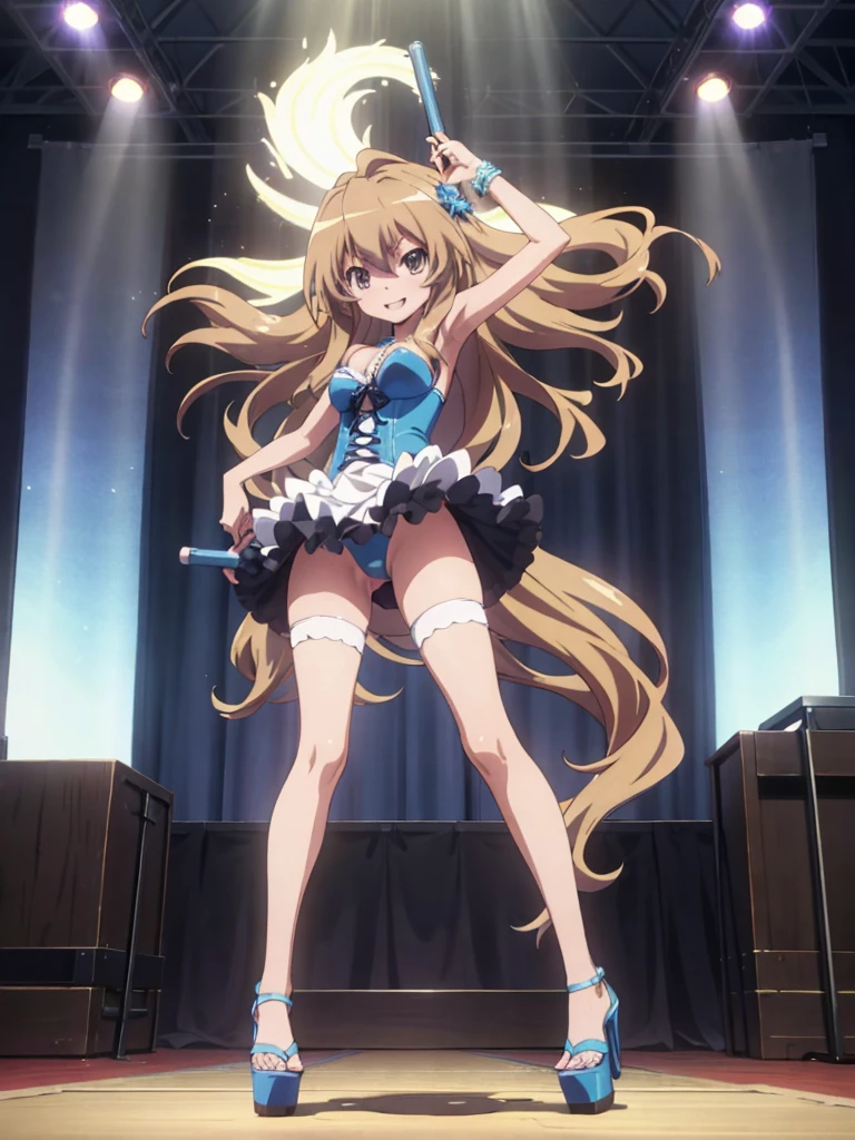 Taiga_Aisaka in sexy Brazilian carnival outfit and light blue stripper sexy platform open high heels posing happy front