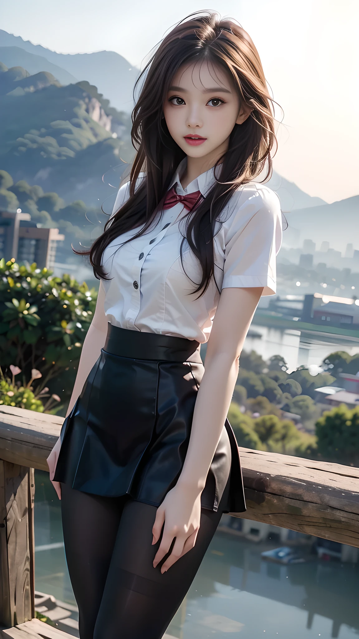 ulzzang-6500-v1.1, (RAW photo: 1.2), (Real photo), (Real photo: 1.4), 1 girl、Perfect anatomy、19 years old、Looking at the camera、Medium length hair、Uniform skirt, watching the sunset, ((in the mountains: 1.1))、(Hyperrealistic tights: 1.2), (Business service)、Asian eyes Ella,