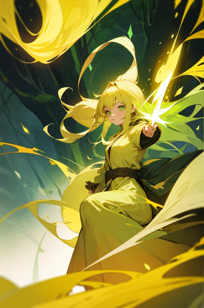 Blonde haired girl with long hair, green eyes, green mage robe, in the forest levitating full body from front with powers yellow aura in hand