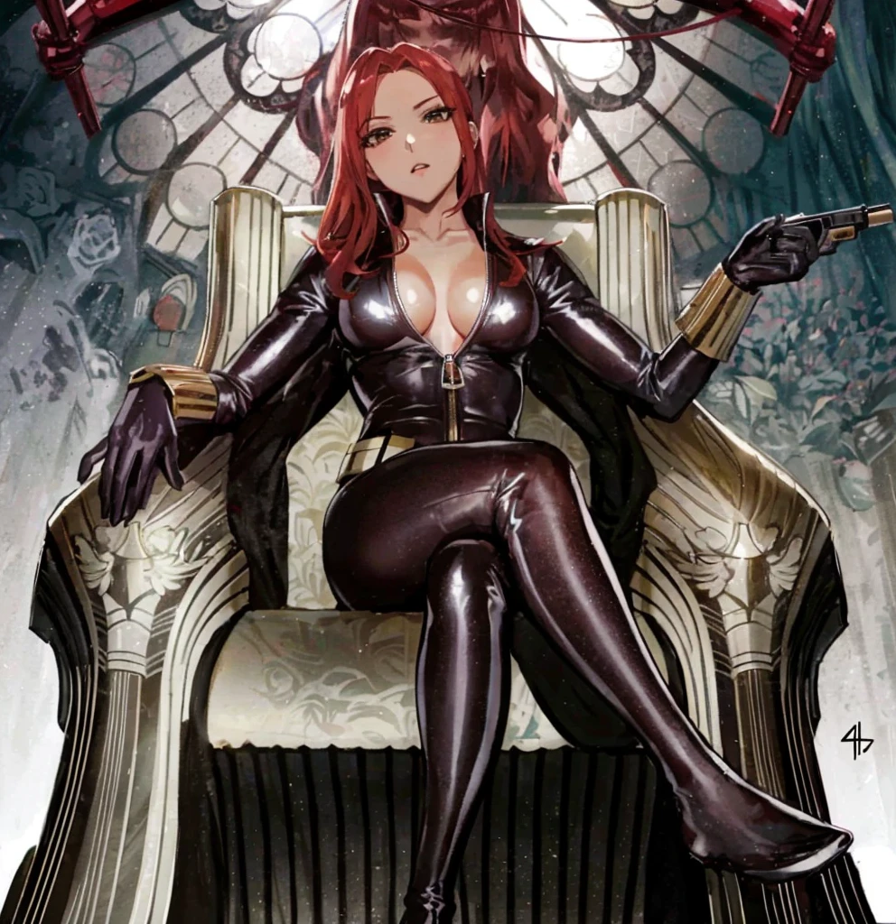 The image depicts a red-haired girl sitting on a throne. She sports a sleek skin-tight shiny black latex bodysuit with a deep-cut zipper neckline revealing a large chest, the silver zipper running down the front. The suit is complemented by her golden wrist guard on both wrists and a belt of shiny golden circles around her waist. The girl is portrayed as holding a gun in each of her hands, highlighting a sense of power and assertiveness. The backdrop consists of architectural features and the colour palette predominantly includes shades of gray.