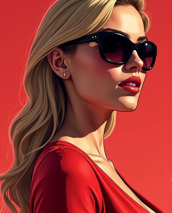 a close up of a woman in a luxury red dress and sunglasses, vector art by Mark Brooks, Artstation, digital art, art gta 5 comics, style of gta v artworks, comics gta 5 cover, comic digital art, art gta 5 cover, margot robbie in gta v, gta v art, gta v loading screen art, realistic luxury red dress, gta 5 artwork, gta art