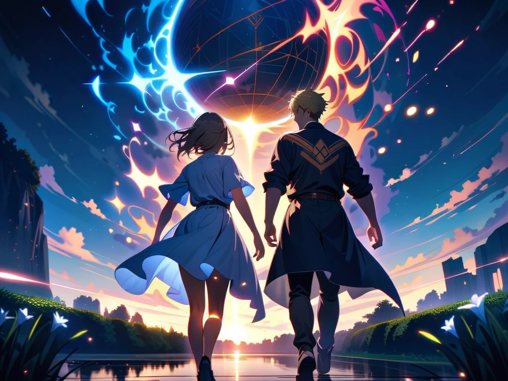 Blond man and dark-haired man,The two walked towards each other,masterpiece, best quality, Very detailed, HD, HDR, Very detailed CG,Ethereal atmosphere, Lily Garden, Intricate details, Volumetric Lighting, Atmospheric lighting, lens flare