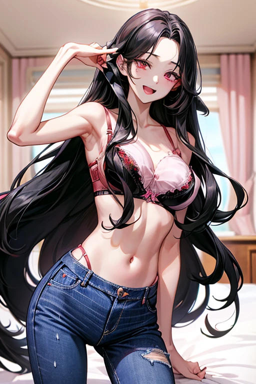 Very detailed、highest quality、Best image quality、masterpiece、8k、Anime Face、A kind smile、Open Mouth、((black long hair:1.5))、huge breast, sexy、 beautiful body 、Cowboy Shot, Sexual Intercourse, ((pink eyes)), hotel bedroom, ((( Jeans))), ((((red bra))))