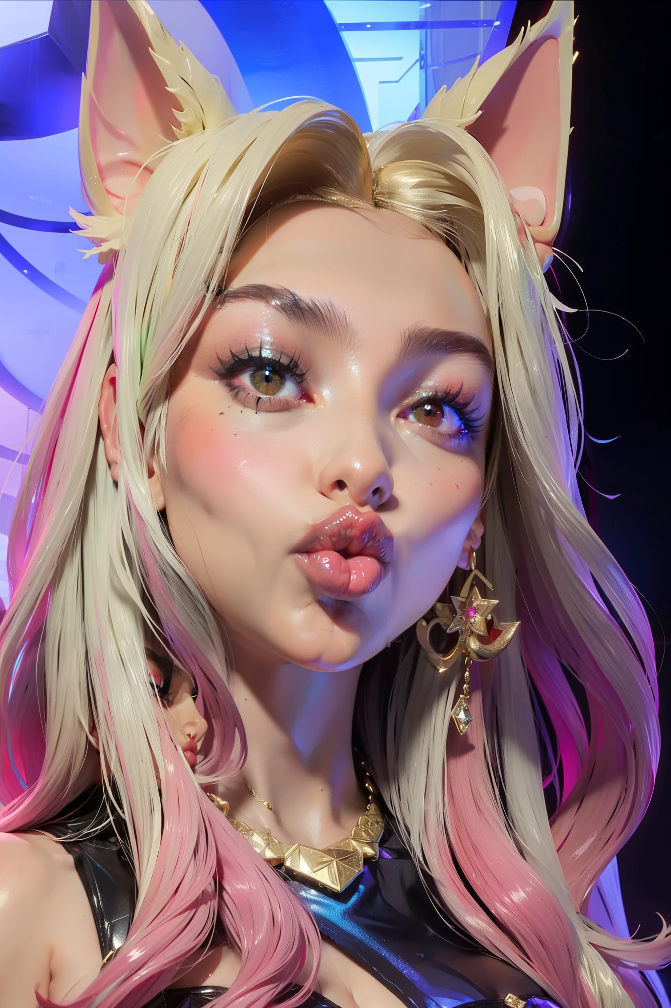 Ahri KDA,(1 girl), Red eyes,long hair,, big lips, anime, beautiful lips,, ((Best quality)), Soft fill, a high resolution, hourglass body, , sexy POV video, big lips, White hair, ((Red eyes)), , big lips,x ornament, ornament, Duck Face, focus on lips, shiny lips in pink clothes