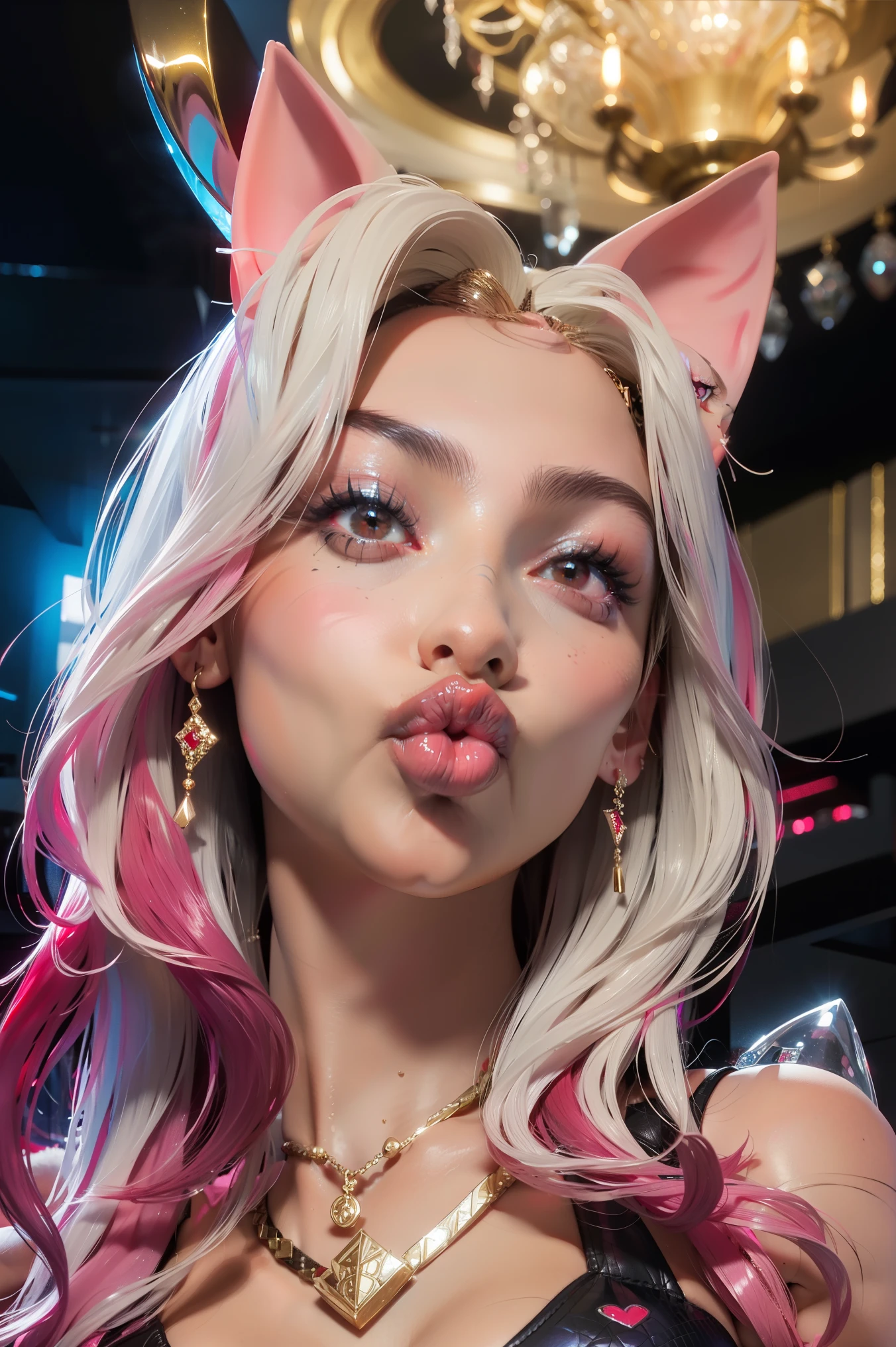 Ahri KDA,(1 girl), Red eyes,long hair,, big lips, anime, beautiful lips,, ((Best quality)), Soft fill, a high resolution, hourglass body, , sexy POV video, big lips, White hair, ((Red eyes)), , big lips,x ornament, ornament, Duck Face, focus on lips, shiny lips in pink clothes