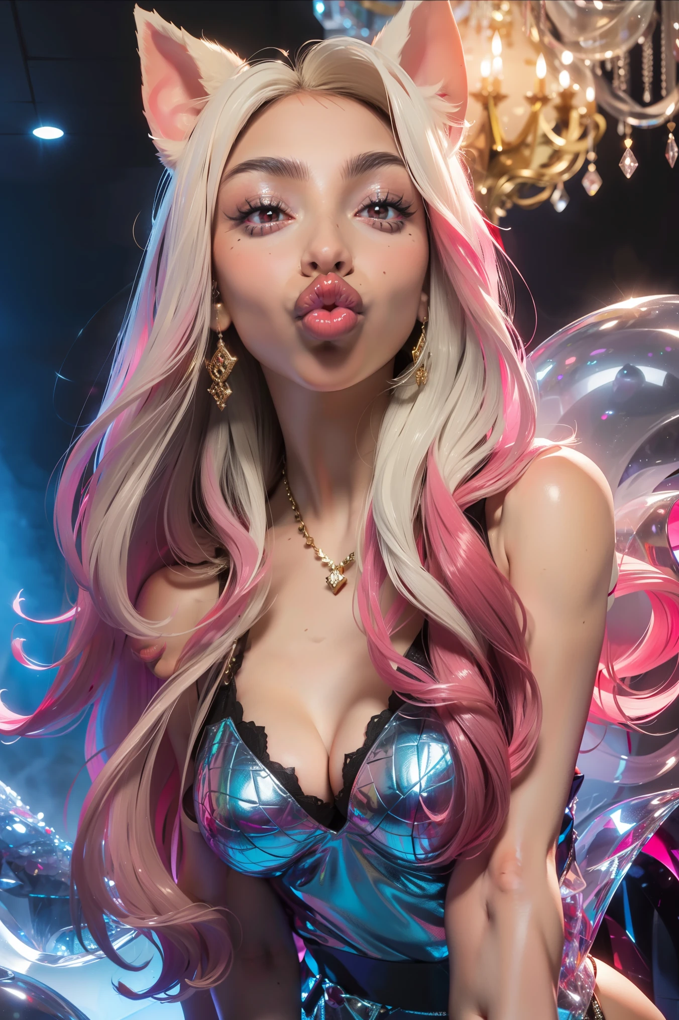 Ahri KDA,(1 girl), Red eyes,long hair,, big lips, anime, beautiful lips,, ((Best quality)), Soft fill, a high resolution, hourglass body, , sexy POV video, big lips, White hair, ((Red eyes)), , big lips,x ornament, ornament, Duck Face, focus on lips, shiny lips in pink clothes