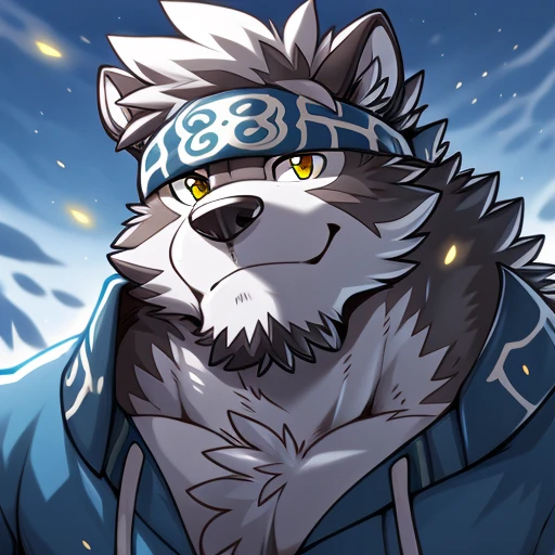 Author: Takemoto Arashi, (1 boy), One, Horkeu Kamui, Men's Second, kemono,muscular  body, muscle, handsome, blue and white fur, Attractive guy, (Detailed yellow eyes), brows, (masterpiece, A high resolution, Best quality), 4K, a male, Horkeu Kamui, portrait, Beautiful shadow, pecs focus,clothes on(black pants,blue t-shirt), full body picture,portrait, blue eyesball,smile,confident face