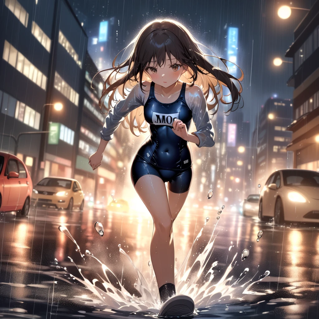 dynamic angle, ultra detailed cute moe anime, In the night city, under the dim glow of streetlights, a torrential downpour is falling heavily. Puddles form, and the roads flow like rivers. Amidst this, a girl in a (school swimsuit:1.3) is sprinting with all their might. The rain hits her skin, enveloping her in a cold embrace. Her hair is soaked, and water droplets stream down her face. The lights from surrounding buildings and cars reflect off the rain.