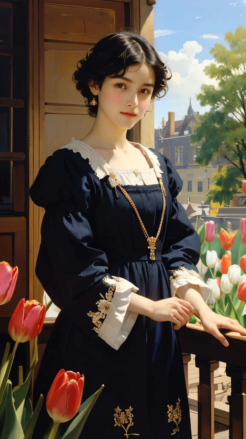 (masterpiece), (Highest quality), Oil, Classical painting, (A beautiful young Dutch trading post chief in the 18th century), (Whole Body), Are standing, Portraiture, Exposing shoulders, (Beautiful dress decorated with lace and embroidery :1.2), (Tulips filling the balcony々:1.4), (Sargent Oil painting)、(Highest quality、masterpiece)、 Realistic， Photorealist，alone，Beautiful Face、A vivid face、Black-haired、short hair、Beautiful hairstyle、 Realistic Skin、Beautiful Skin、Charm、 Upper Body，detailed，Dark Background，Backlight、Soft Light、Inspired by Edmund Leighton,