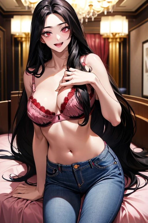 Very detailed、highest quality、Best image quality、masterpiece、8k、Anime Face、A kind smile、Open Mouth、((black long hair:1.5))、huge breast, sexy、 beautiful body 、Cowboy Shot, Sexual Intercourse, ((pink eyes)), hotel bedroom, ((( Jeans))), ((((red bra))))